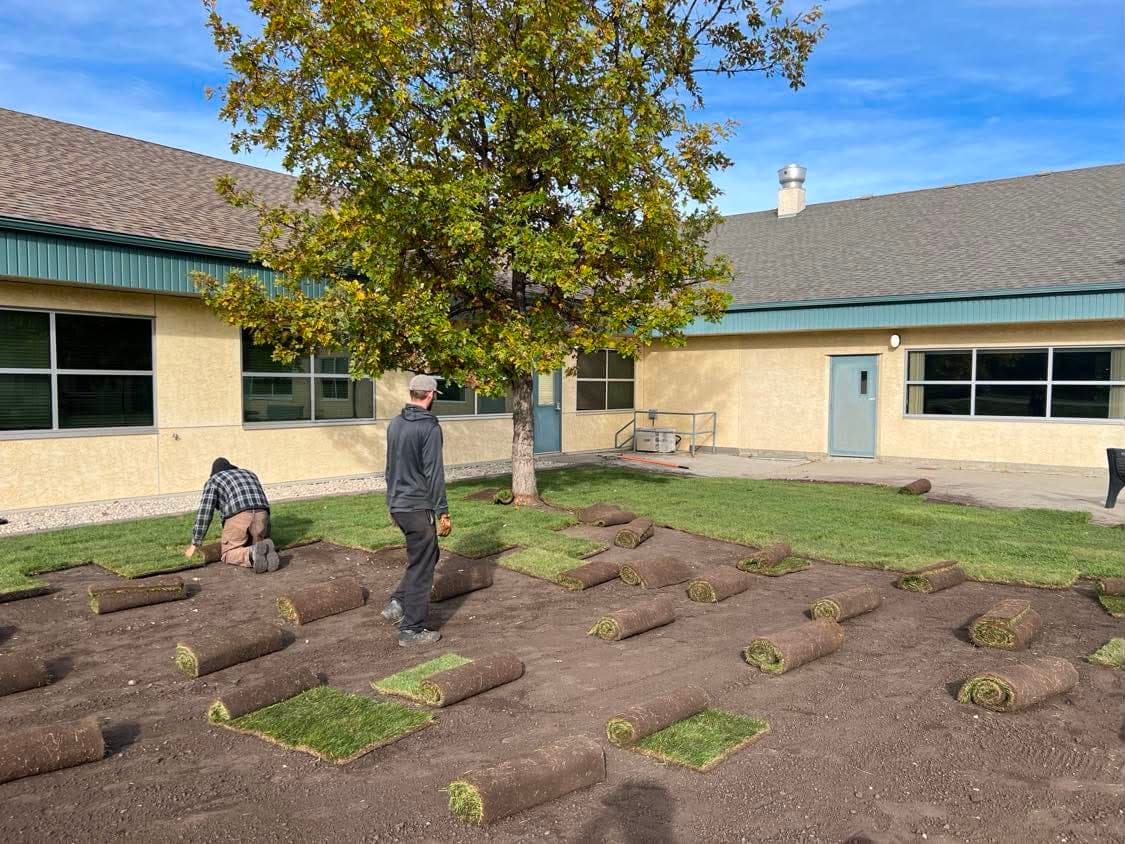 Two crew members unrolling fresh sod across prepared soil on a bright autumn day